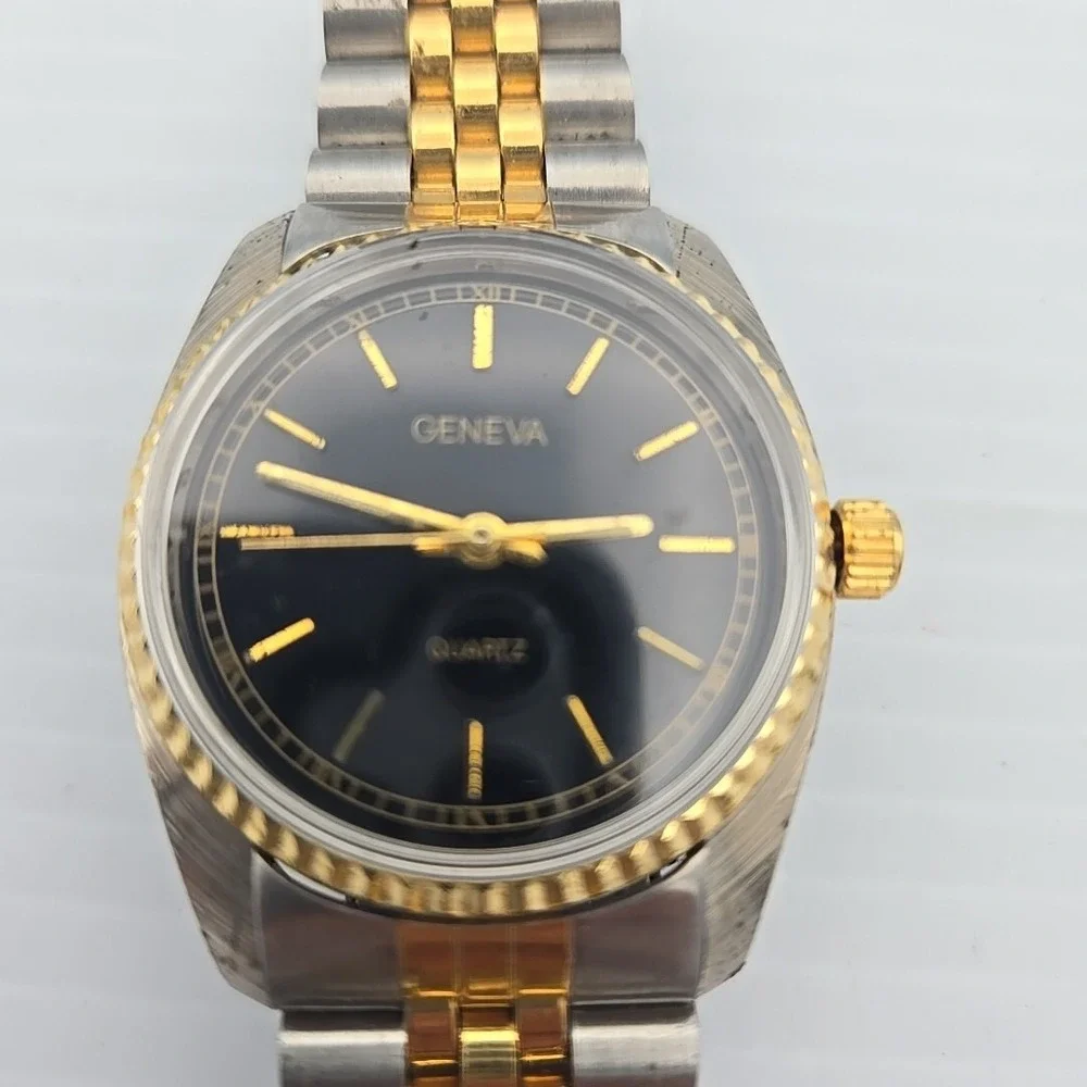 Geneva Womens Fancy Gold/Silver Three Hand Fashion Black Dial Pretty Watch
